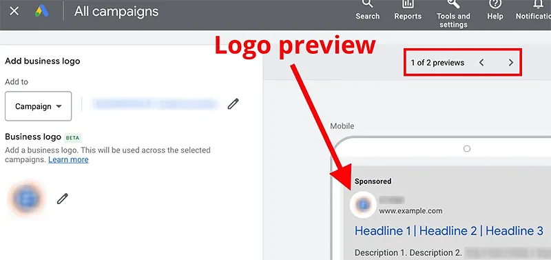 Business logo previews in Google Ads