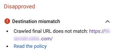 Ad disapproved for destination mismatch
