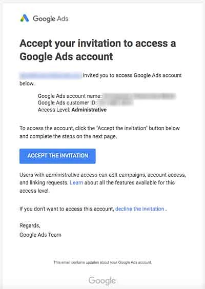 Google Ads account access invitation email