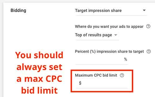 Target Impression Share, maximum cpc bid limit