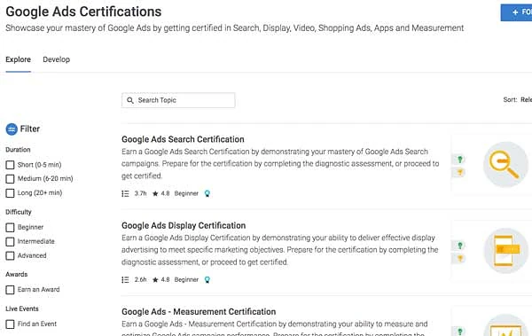 Google Ads certifications in Skillshop