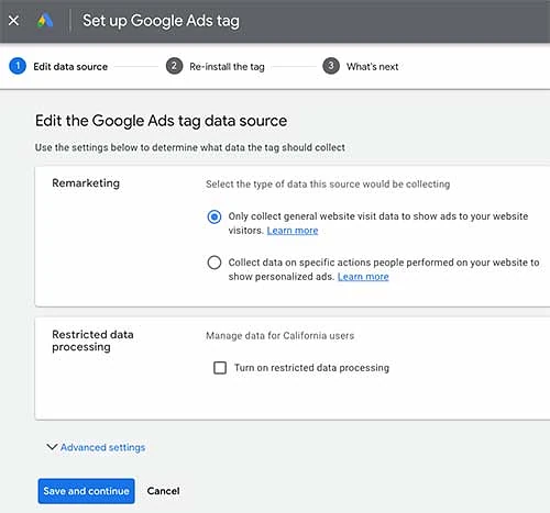 Set up Google Ads tag options