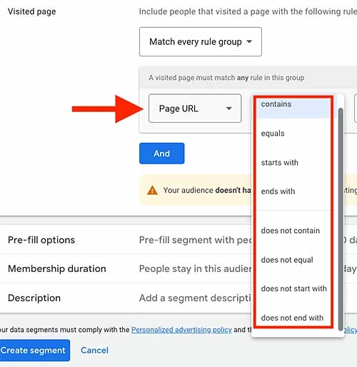 Page URL filter options