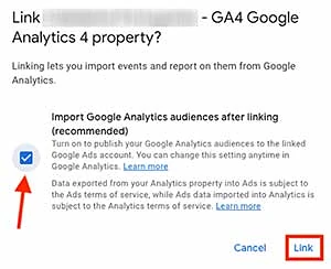 Link Google Analytics GA4 account confirmation message