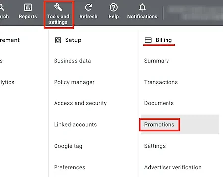 Tools and settings menu, choose promotions