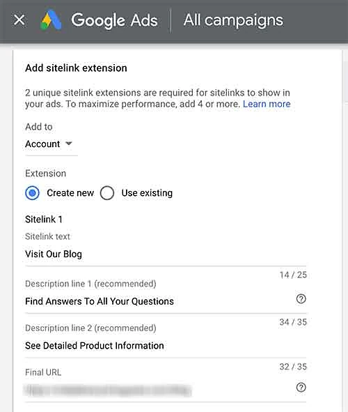 Sitelink text and descriptions