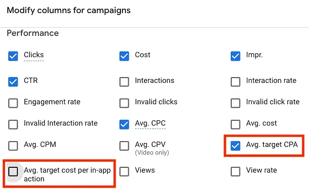 Target cpa columns