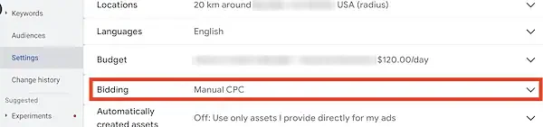 Bidding section settings