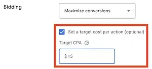 Target CPA checkbox