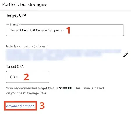 Target cpa settings