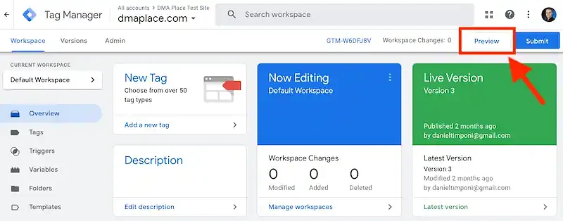 Google Tag Manager Preview button