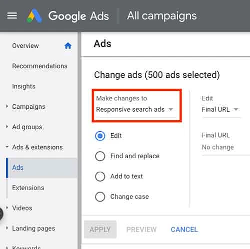 Choose ad type from dropdown
