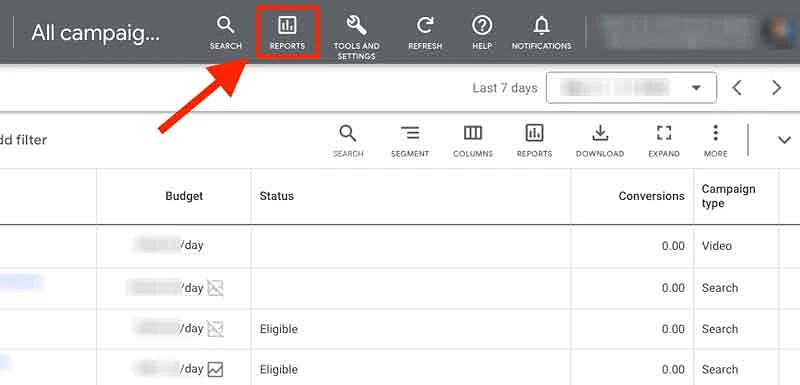 Reports section on Google Ads menu