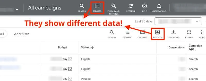 Report buttons show different data