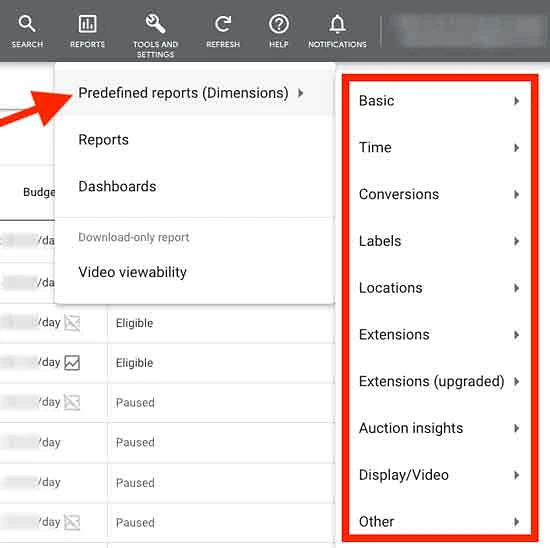 Predefined reports in Google Ads