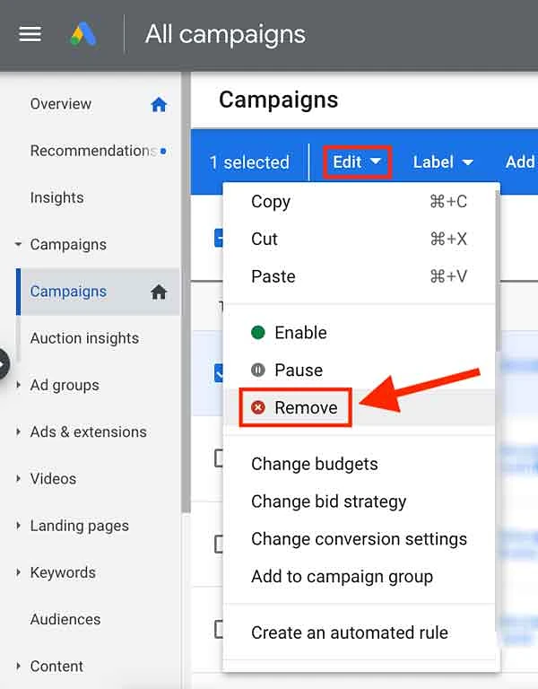 Remove Google Ads campaign