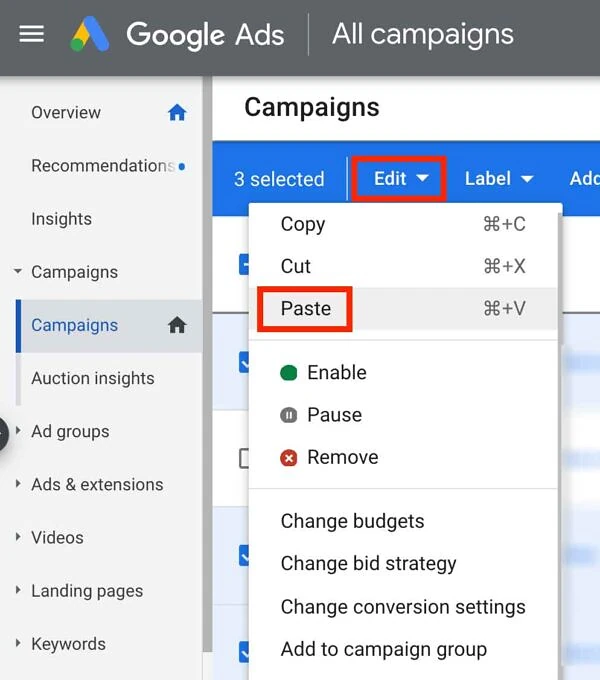 Paste campaigns in Google Ads
