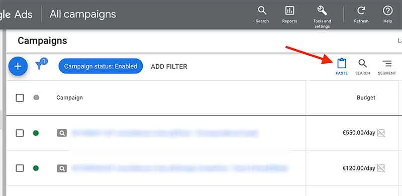 Paste campaign in Google Ads using clipboard icon