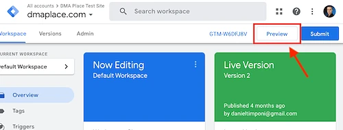 Click Preview in Google Tag Manager