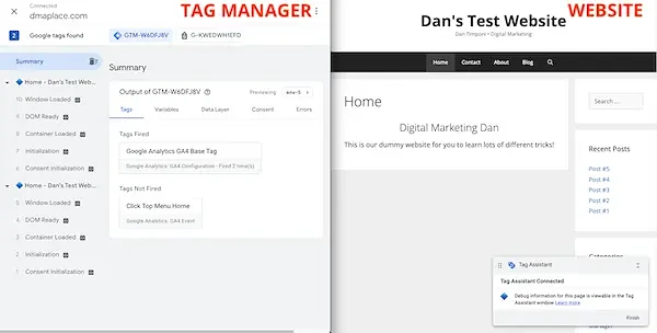 Tag Manager preview and website windows placed side by side