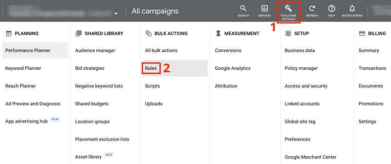 Google Ads automated rules menu