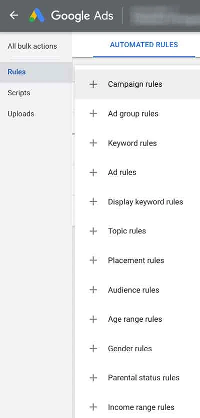 Google Ads automated rule types