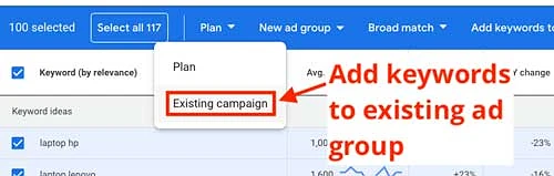 Add keyword to existing ad group within a campaign