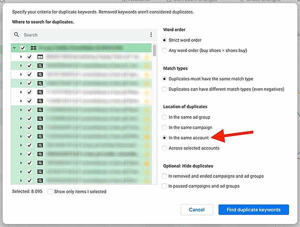 Criteria for finding duplicate keywords