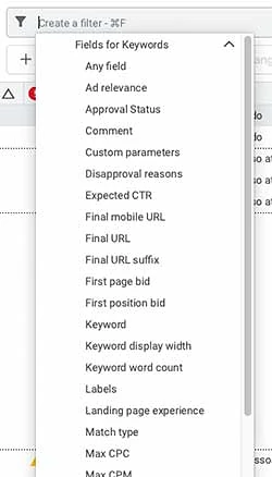 Filter options in Google Ads Editor