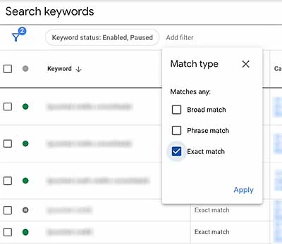 Match type filter