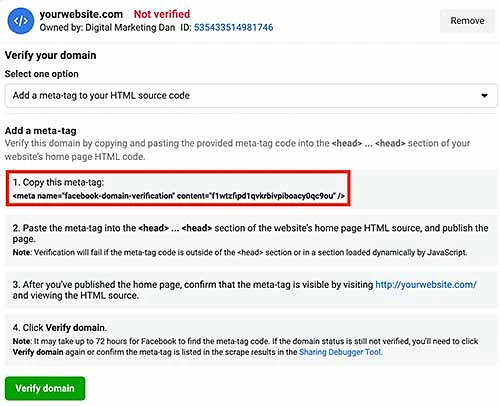 Facebook meta-tag domain verification
