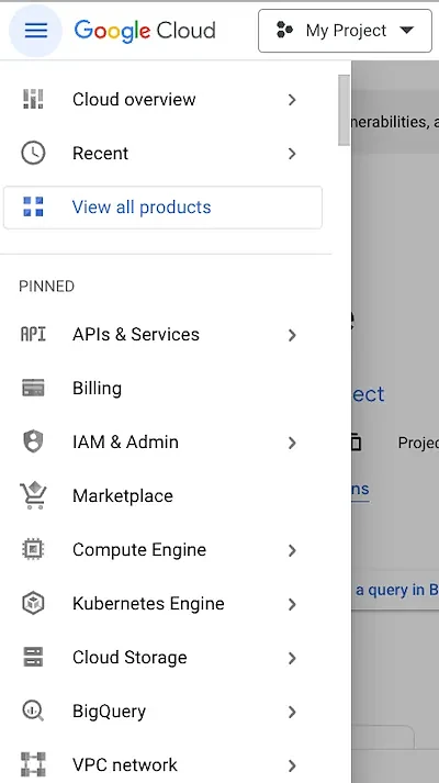 Google Cloud Console Menu
