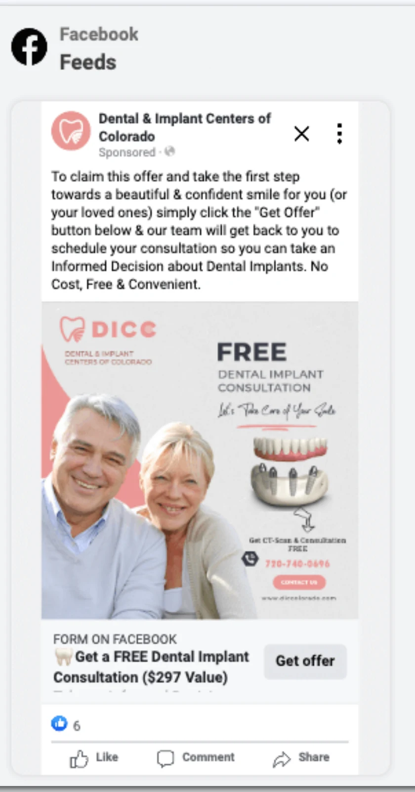 Facebook ad: free implant consultation ($297 value).