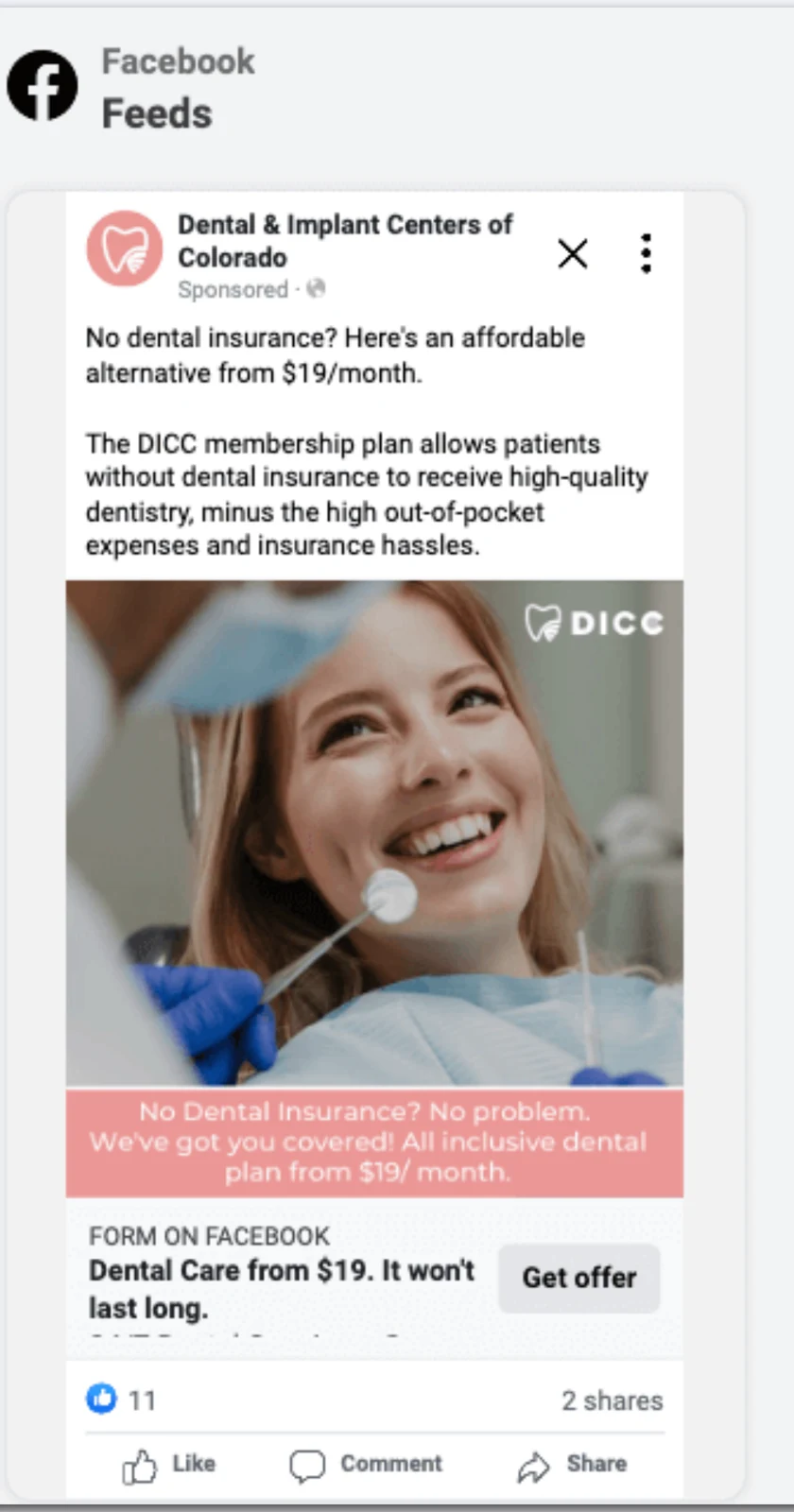 Facebook ad: the DICC membership plan for patients without dental insurance.