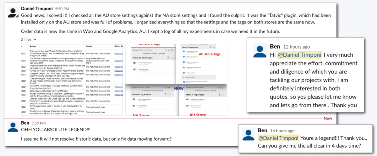 The fix, as reported to the client, and the client’s reply.