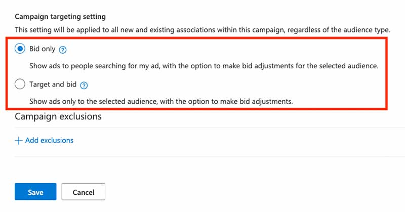 Microsoft campaign targeting settings