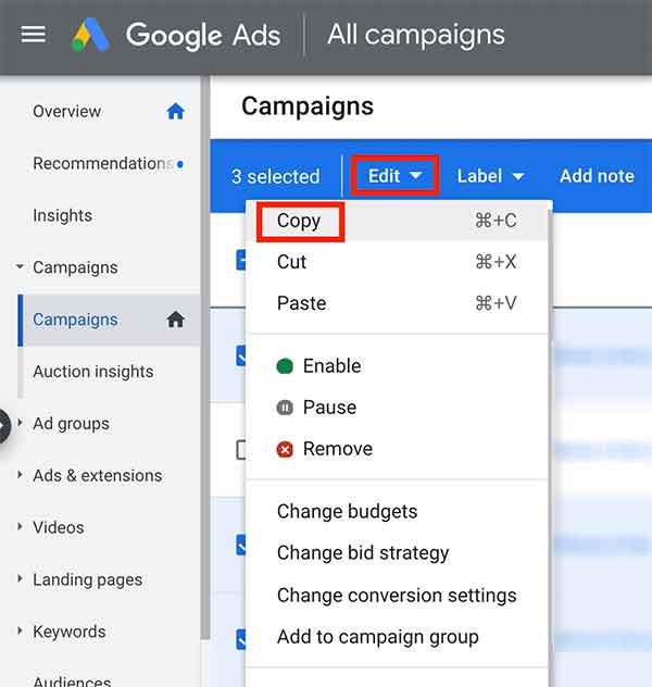 Copy campaigns in Google Ads