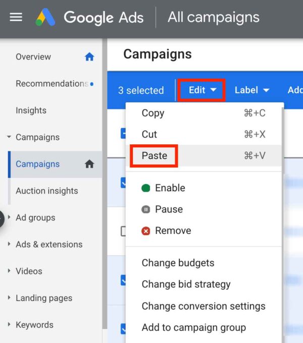Paste campaigns in Google Ads