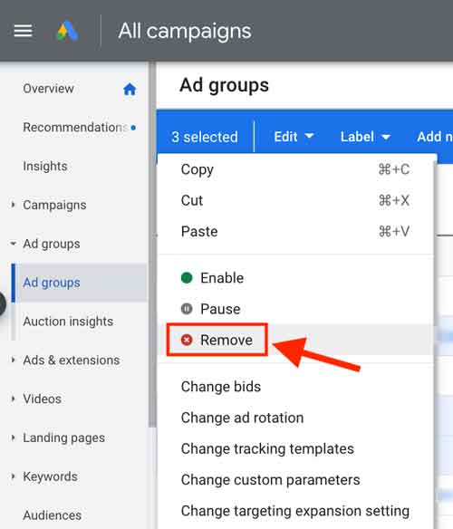 Delete ad groups in Google Ads