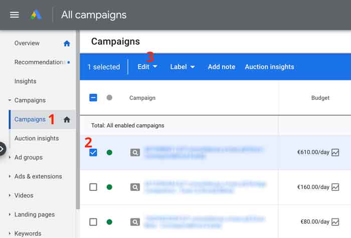 How to delete campaigns in Google Ads
