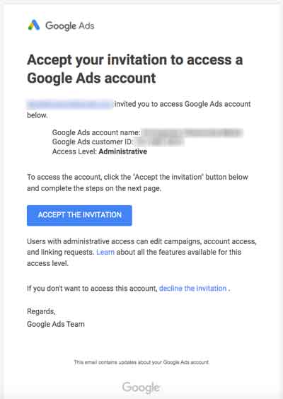 Google Ads account access invitation email