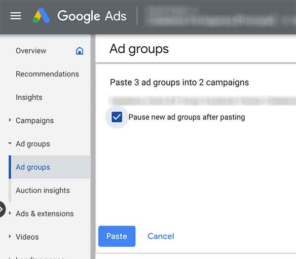 Pause new ad groups after pasting