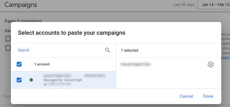 Select Google Ads accounts to paste campaigns into