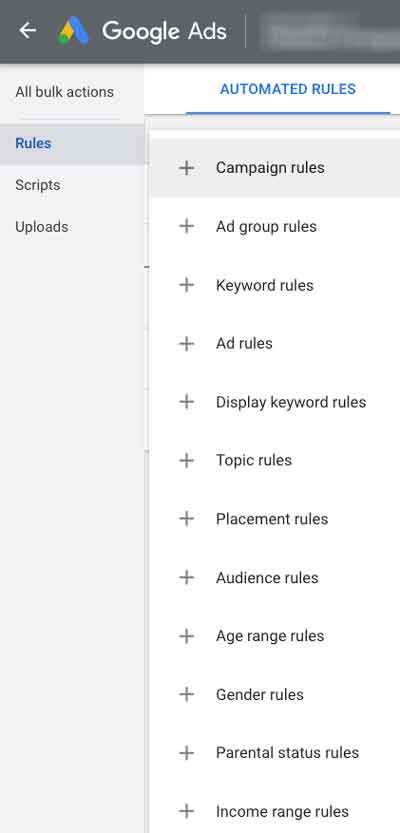 Google Ads automated rule types