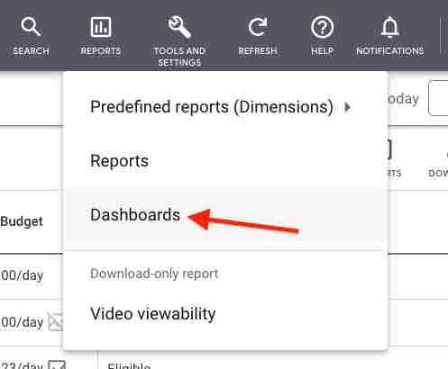 Dashboards option