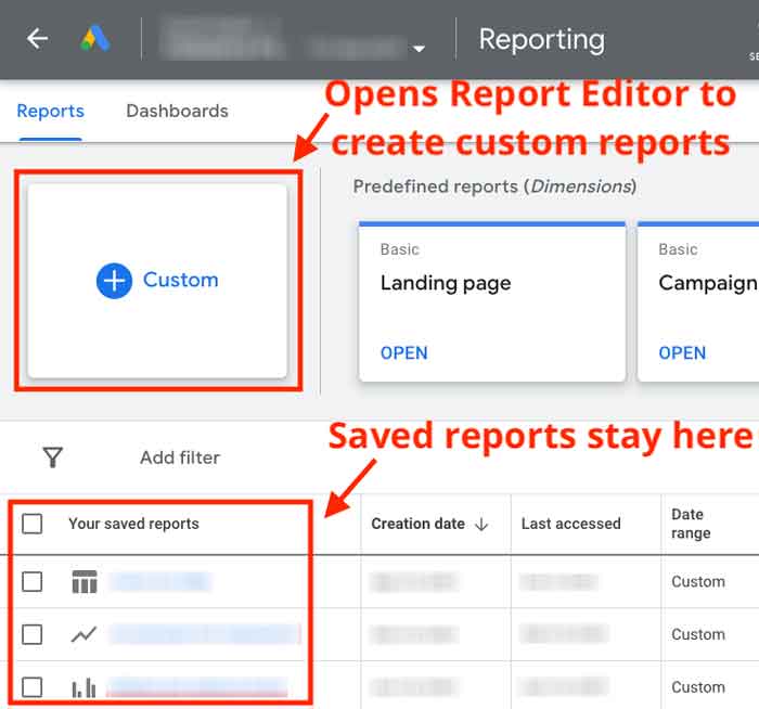Google Ads custom reports