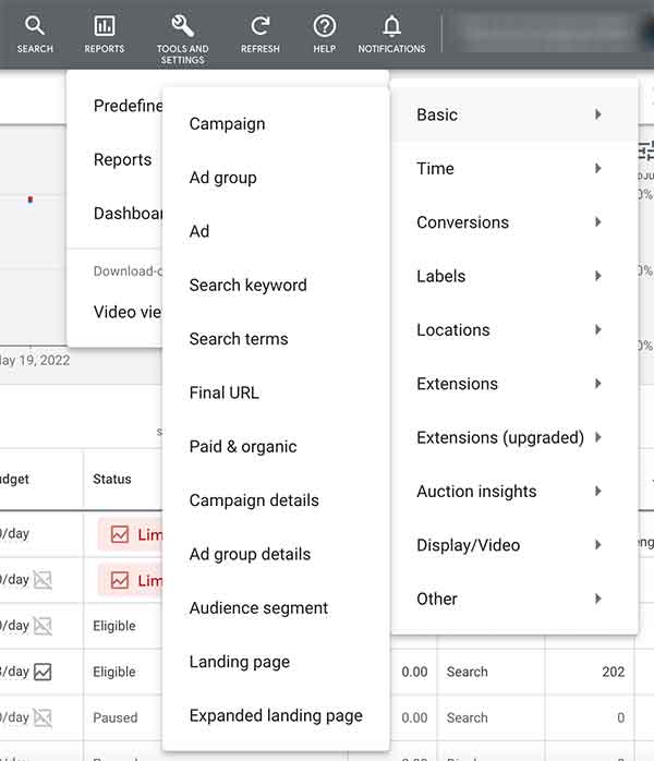 Predefined basic reports in Google Ads