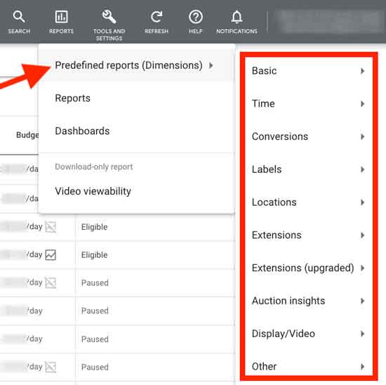 Predefined reports in Google Ads