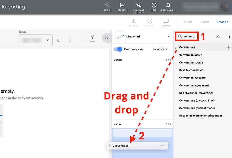 Drag and drop metrics to create a report