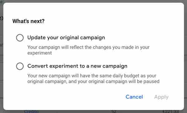 Update campaign or convert experiment to a new campaign